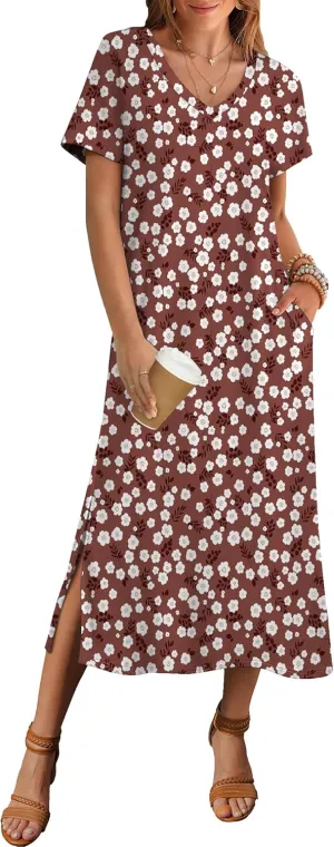 Zeagoo Women Summer Floral Dress Short Sleeve Beach Dress with Pockets Casual V-Neck Split Long T-Shirt Dress Travel Vacation