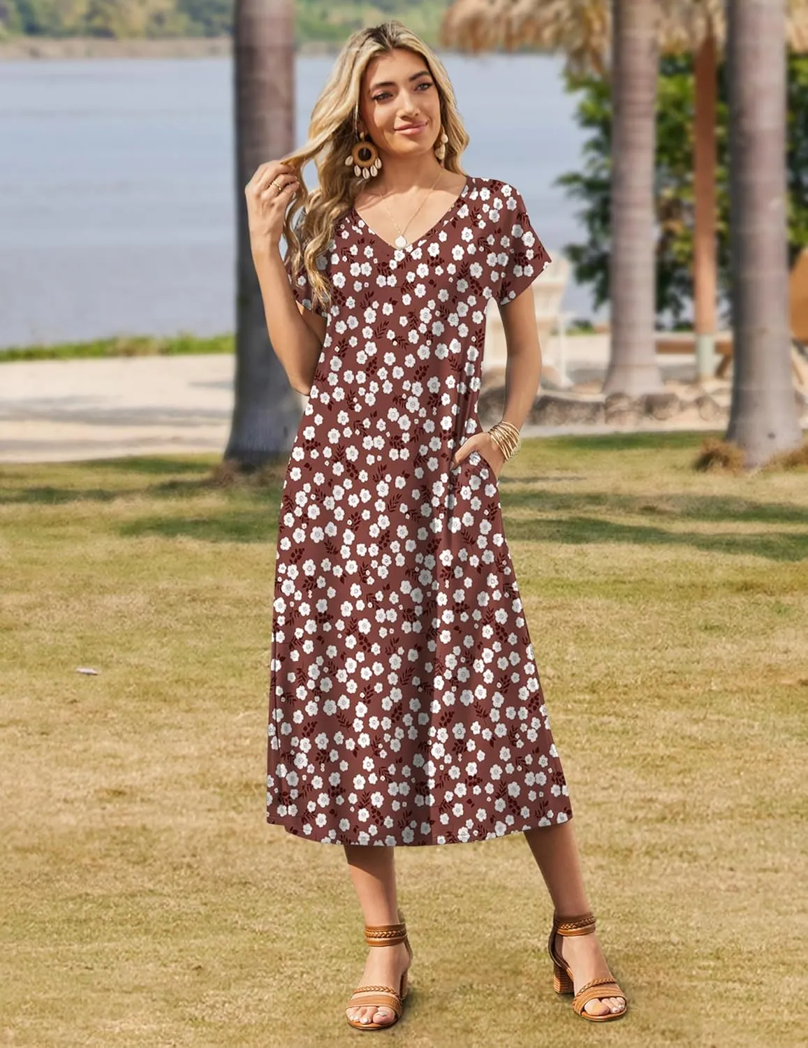 Zeagoo Women Summer Floral Dress Short Sleeve Beach Dress with Pockets Casual V-Neck Split Long T-Shirt Dress Travel Vacation