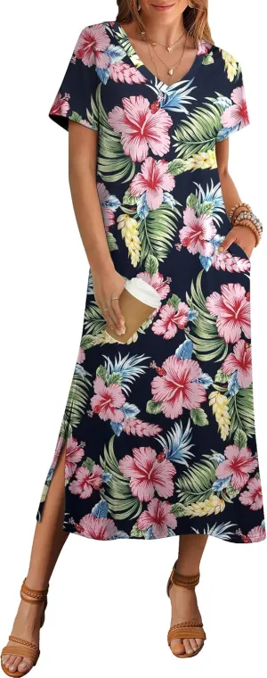 Zeagoo Women Summer Floral Dress Short Sleeve Beach Dress with Pockets Casual V-Neck Split Long T-Shirt Dress Travel Vacation