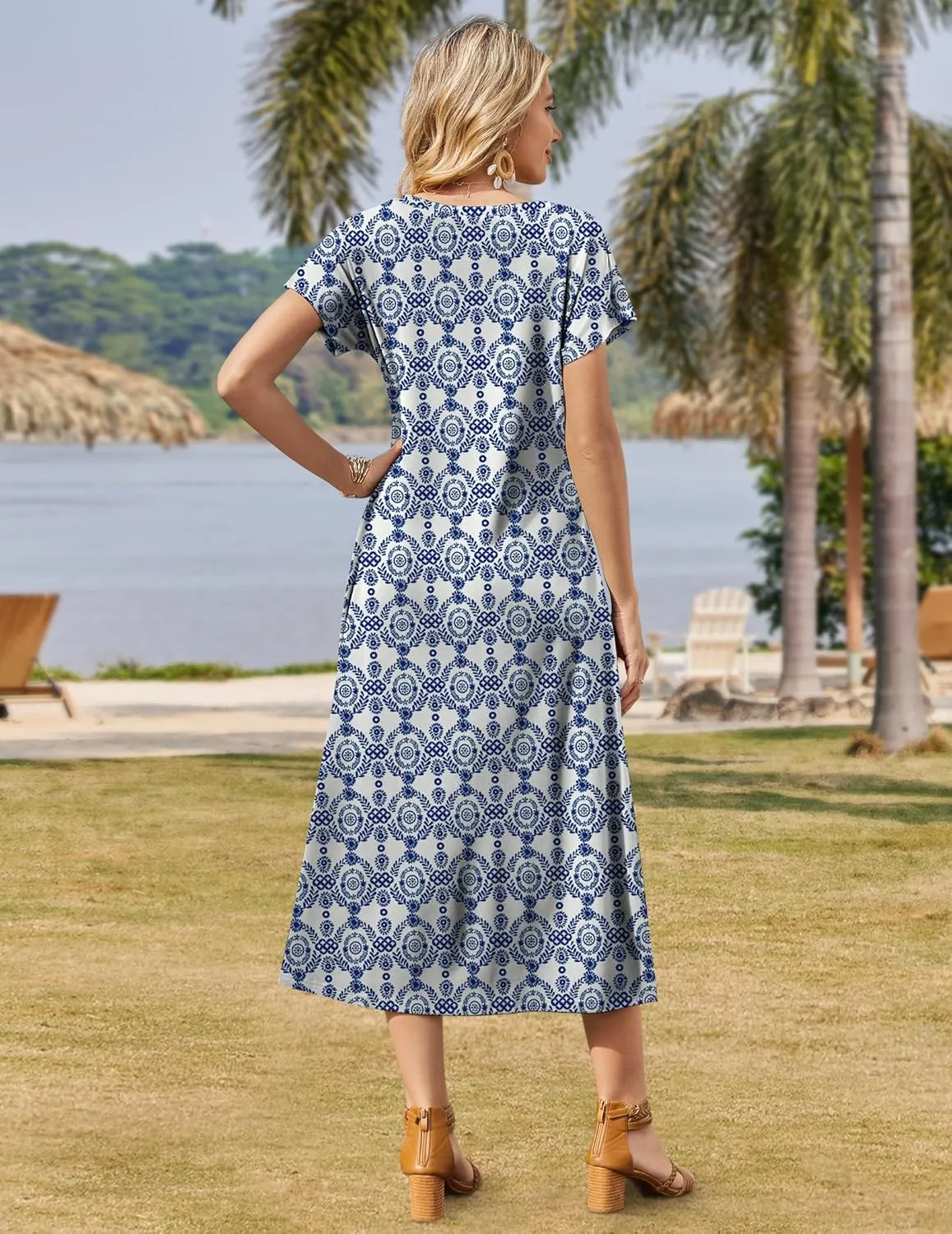 Zeagoo Women Summer Floral Dress Short Sleeve Beach Dress with Pockets Casual V-Neck Split Long T-Shirt Dress Travel Vacation