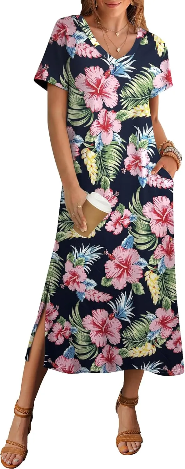 Zeagoo Women Summer Floral Dress Short Sleeve Beach Dress with Pockets Casual V-Neck Split Long T-Shirt Dress Travel Vacation