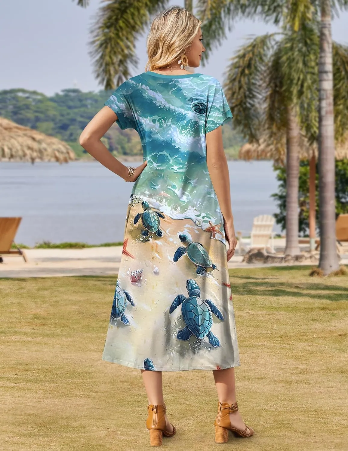 Zeagoo Women Summer Floral Dress Short Sleeve Beach Dress with Pockets Casual V-Neck Split Long T-Shirt Dress Travel Vacation