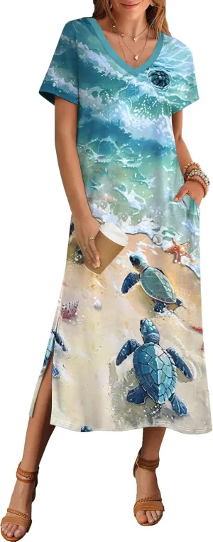 Zeagoo Women Summer Floral Dress Short Sleeve Beach Dress with Pockets Casual V-Neck Split Long T-Shirt Dress Travel Vacation