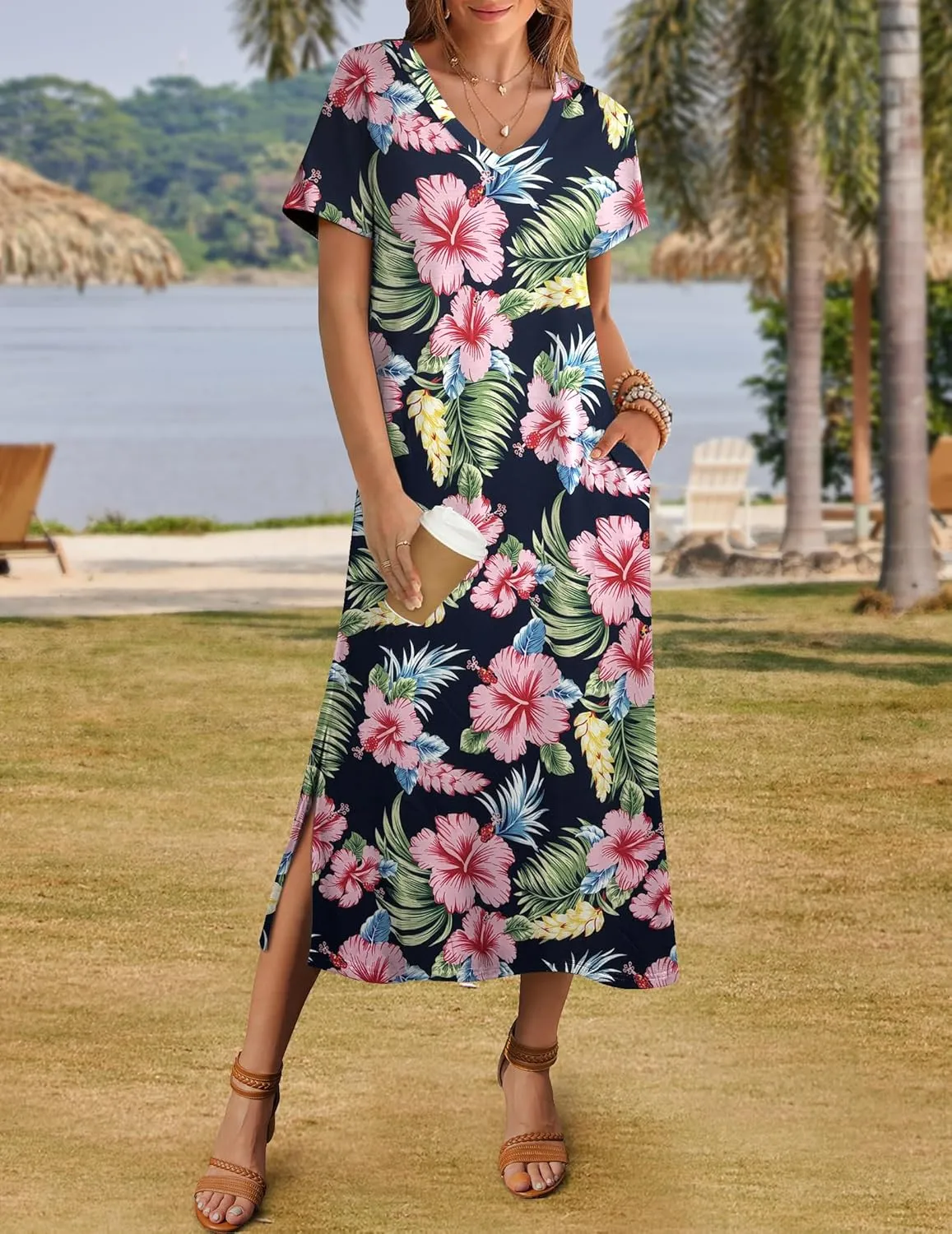 Zeagoo Women Summer Floral Dress Short Sleeve Beach Dress with Pockets Casual V-Neck Split Long T-Shirt Dress Travel Vacation