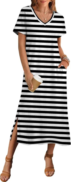 Zeagoo Women Summer Floral Dress Short Sleeve Beach Dress with Pockets Casual V-Neck Split Long T-Shirt Dress Travel Vacation
