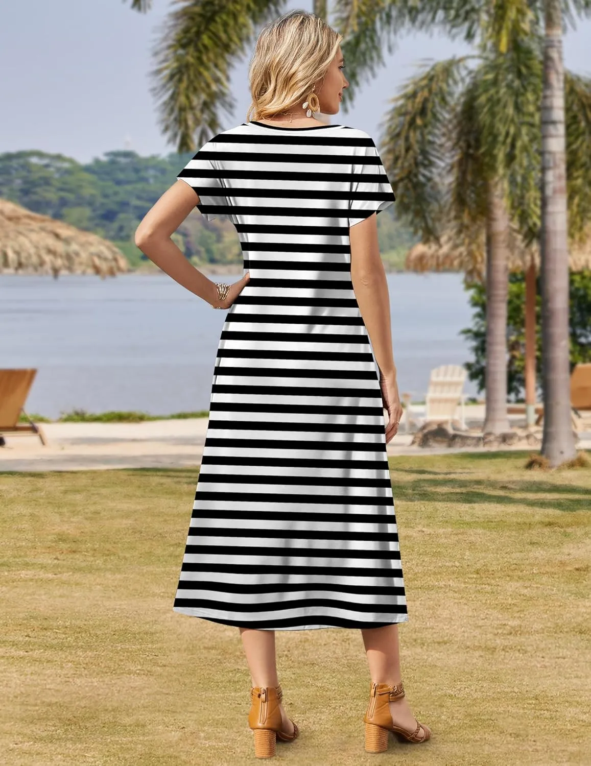 Zeagoo Women Summer Floral Dress Short Sleeve Beach Dress with Pockets Casual V-Neck Split Long T-Shirt Dress Travel Vacation