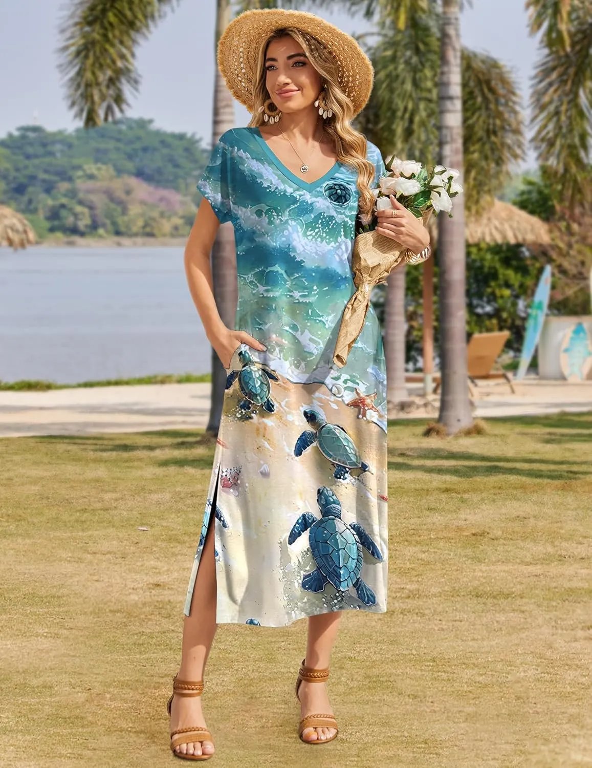 Zeagoo Women Summer Floral Dress Short Sleeve Beach Dress with Pockets Casual V-Neck Split Long T-Shirt Dress Travel Vacation