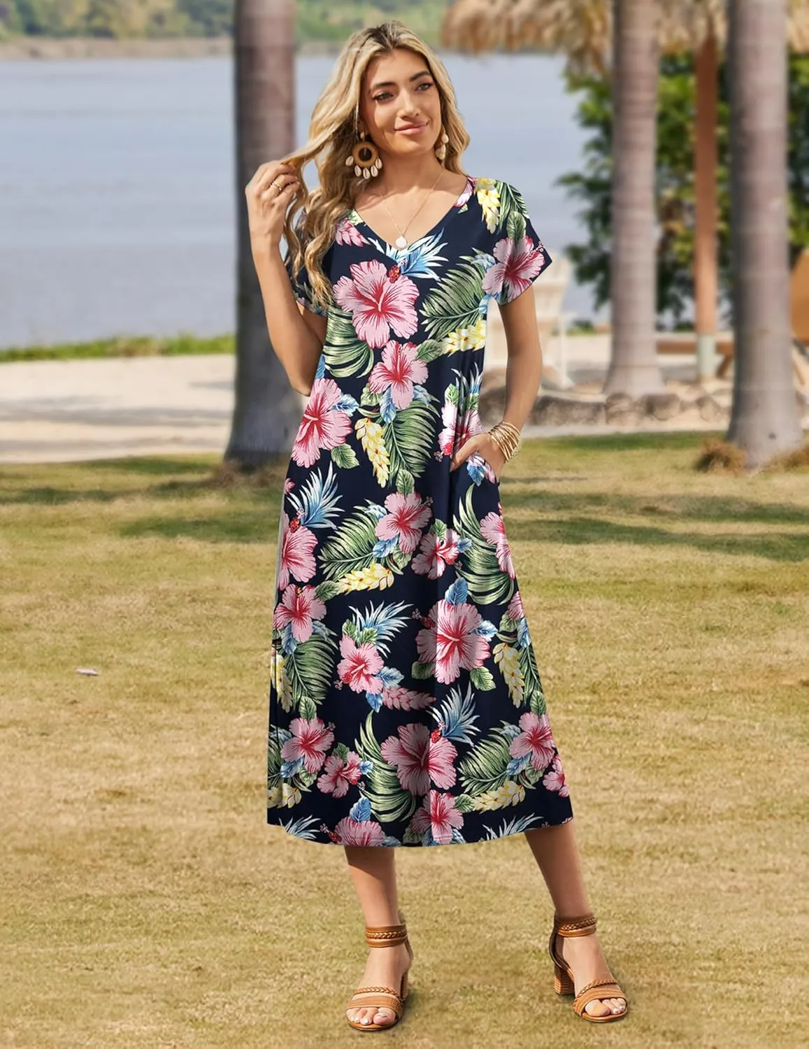 Zeagoo Women Summer Floral Dress Short Sleeve Beach Dress with Pockets Casual V-Neck Split Long T-Shirt Dress Travel Vacation