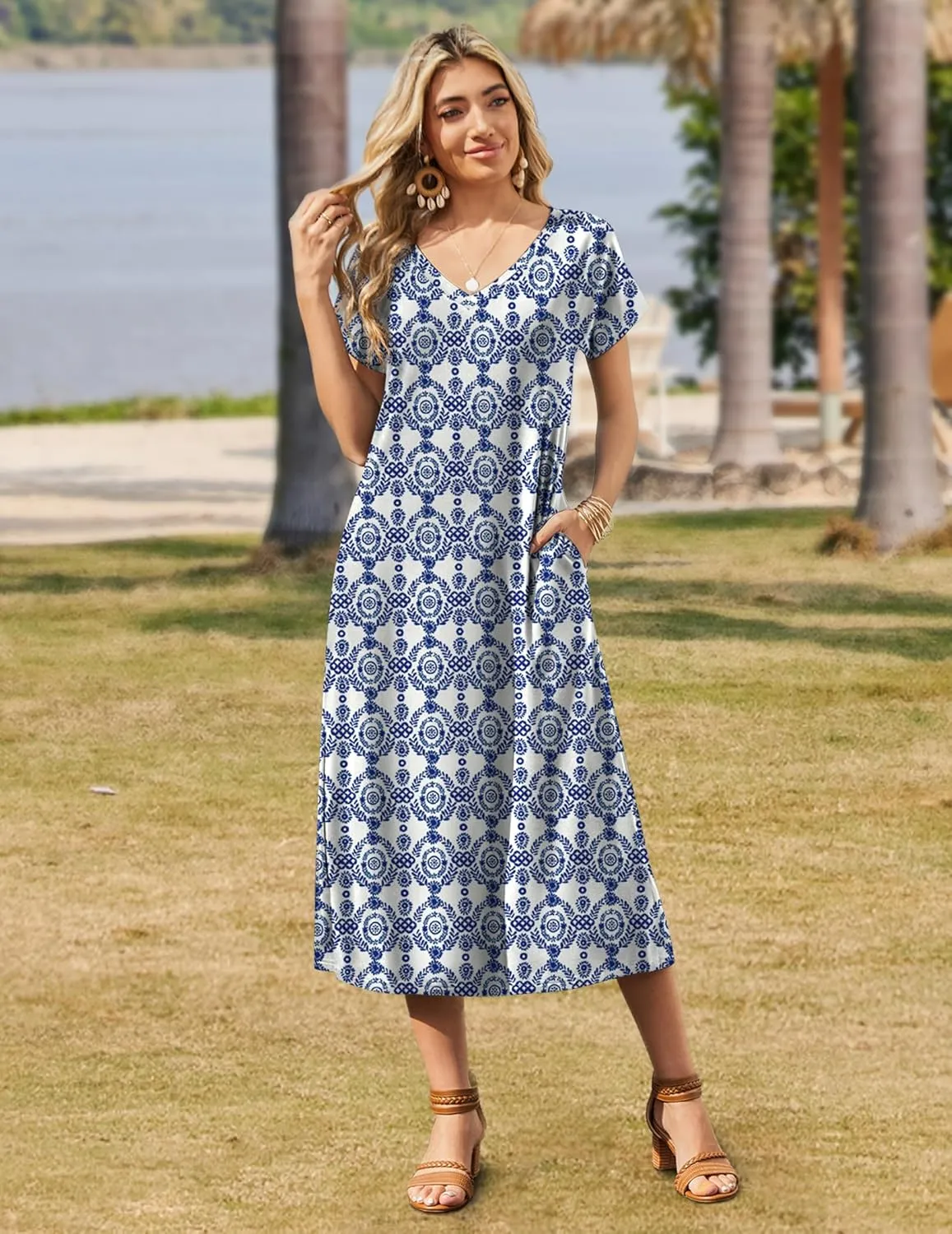 Zeagoo Women Summer Floral Dress Short Sleeve Beach Dress with Pockets Casual V-Neck Split Long T-Shirt Dress Travel Vacation