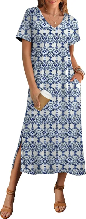 Zeagoo Women Summer Floral Dress Short Sleeve Beach Dress with Pockets Casual V-Neck Split Long T-Shirt Dress Travel Vacation