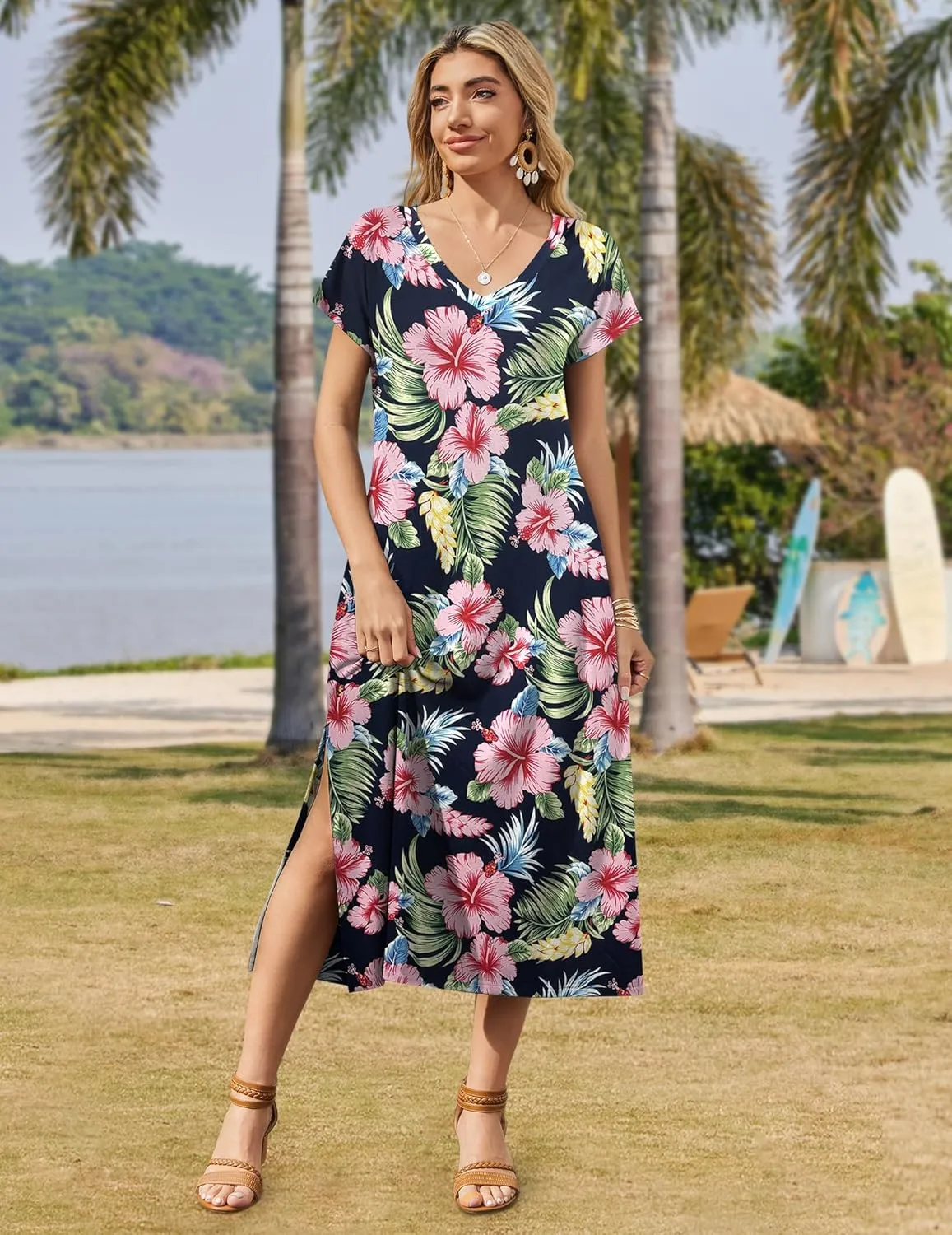 Zeagoo Women Summer Floral Dress Short Sleeve Beach Dress with Pockets Casual V-Neck Split Long T-Shirt Dress Travel Vacation