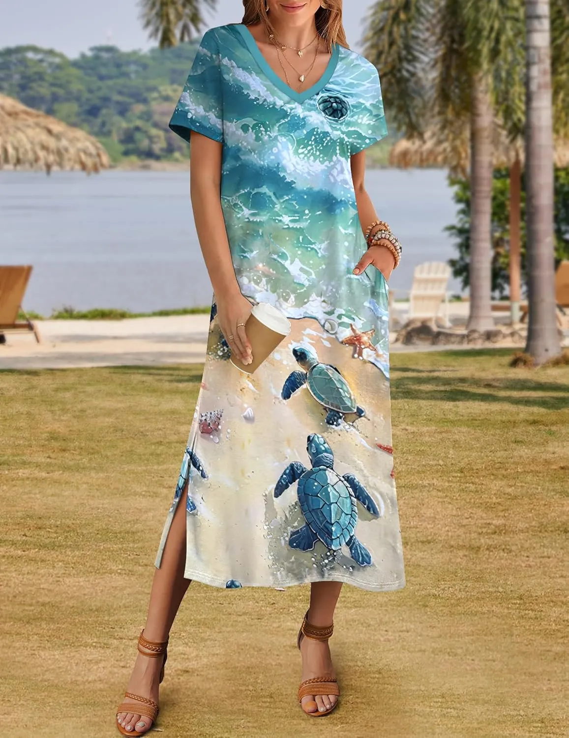 Zeagoo Women Summer Floral Dress Short Sleeve Beach Dress with Pockets Casual V-Neck Split Long T-Shirt Dress Travel Vacation