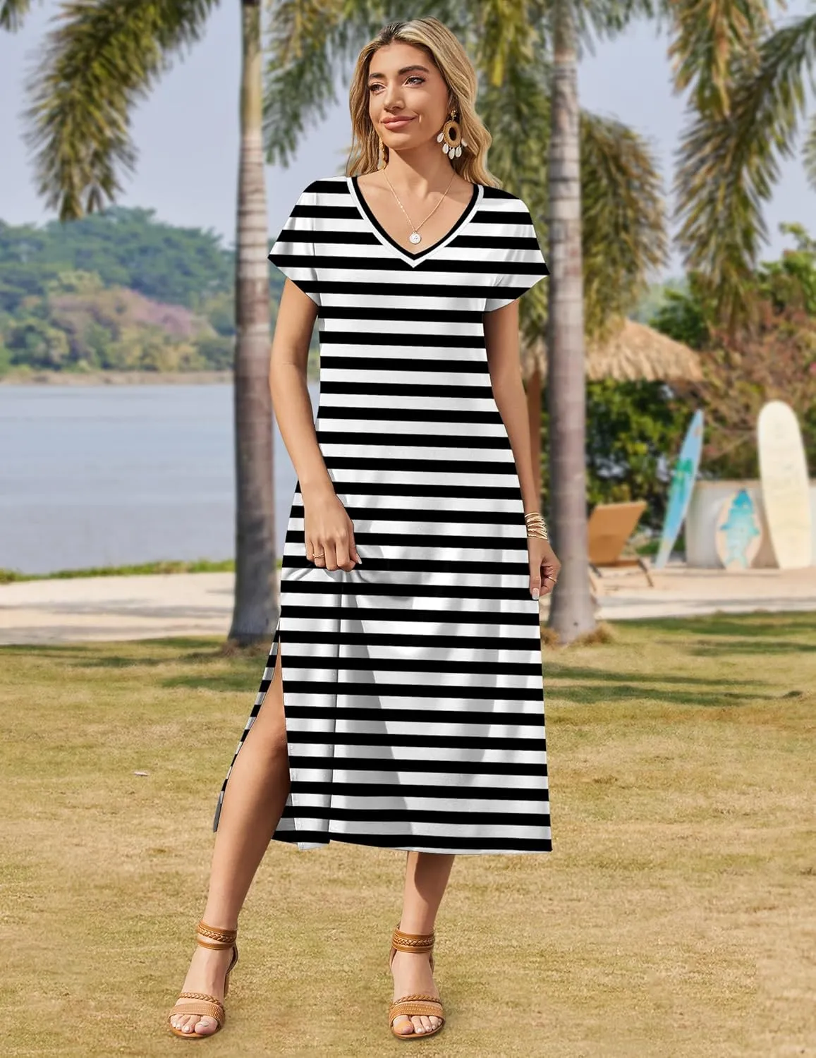 Zeagoo Women Summer Floral Dress Short Sleeve Beach Dress with Pockets Casual V-Neck Split Long T-Shirt Dress Travel Vacation