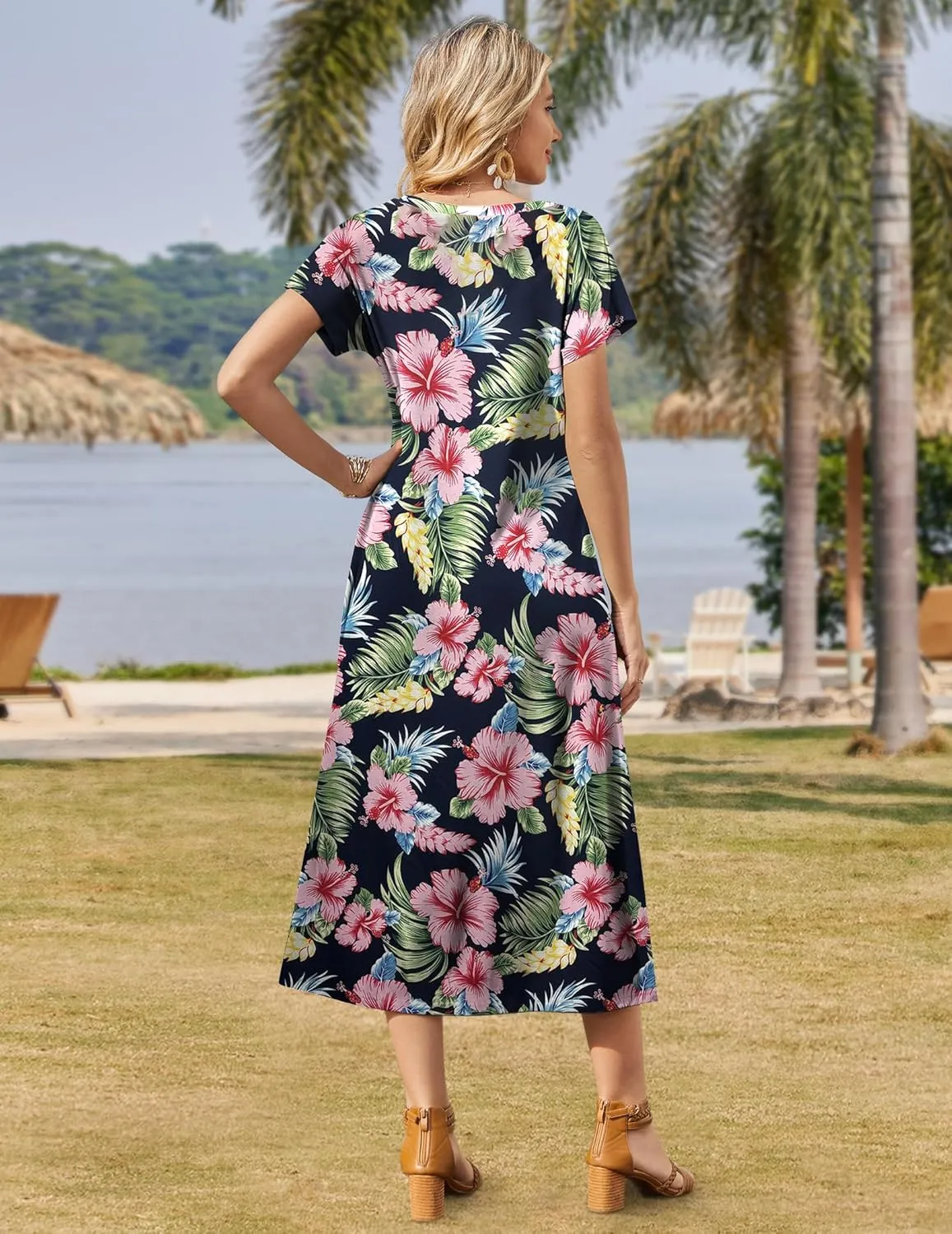 Zeagoo Women Summer Floral Dress Short Sleeve Beach Dress with Pockets Casual V-Neck Split Long T-Shirt Dress Travel Vacation