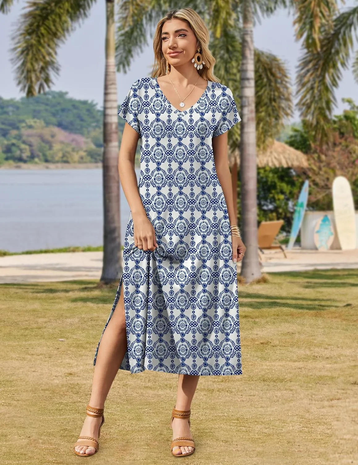 Zeagoo Women Summer Floral Dress Short Sleeve Beach Dress with Pockets Casual V-Neck Split Long T-Shirt Dress Travel Vacation