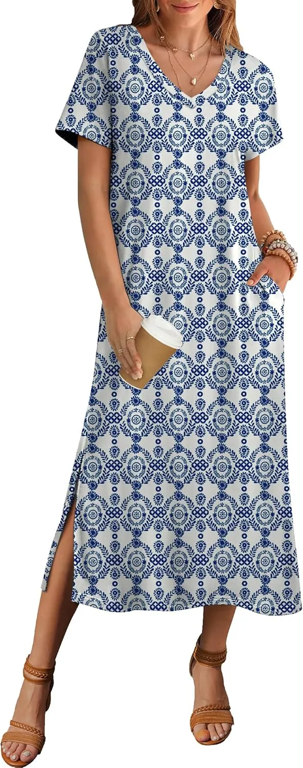 Zeagoo Women Summer Floral Dress Short Sleeve Beach Dress with Pockets Casual V-Neck Split Long T-Shirt Dress Travel Vacation