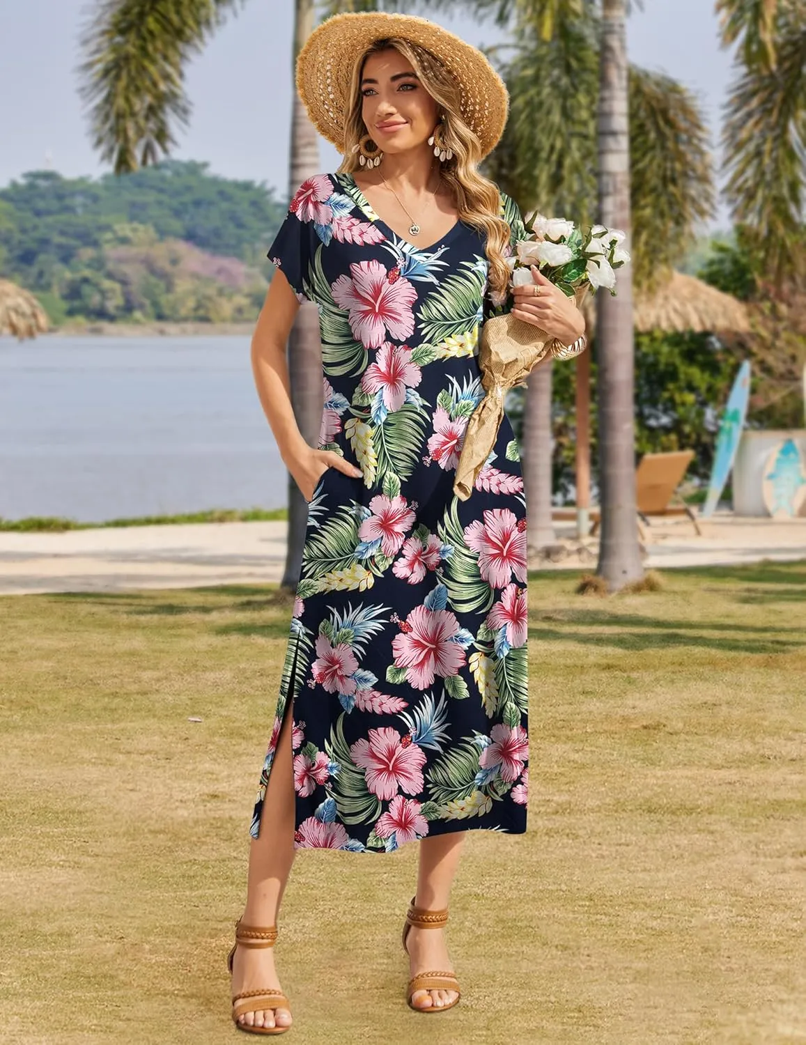 Zeagoo Women Summer Floral Dress Short Sleeve Beach Dress with Pockets Casual V-Neck Split Long T-Shirt Dress Travel Vacation
