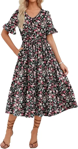 Zeagoo Women's Summer Dresses Midi Tiered Casual Dress Floral V Neck Ruffle Short Sleeve Flowy Beach Dress with Pockets