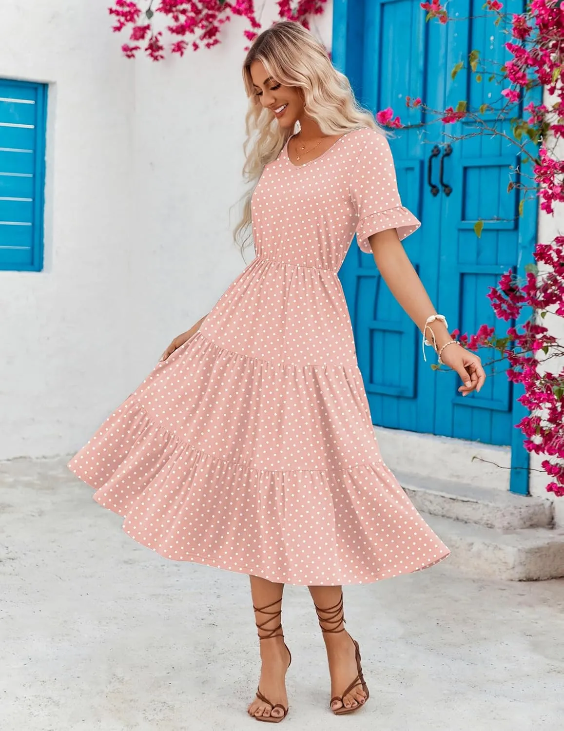 Zeagoo Women's Summer Dresses Midi Tiered Casual Dress Floral V Neck Ruffle Short Sleeve Flowy Beach Dress with Pockets