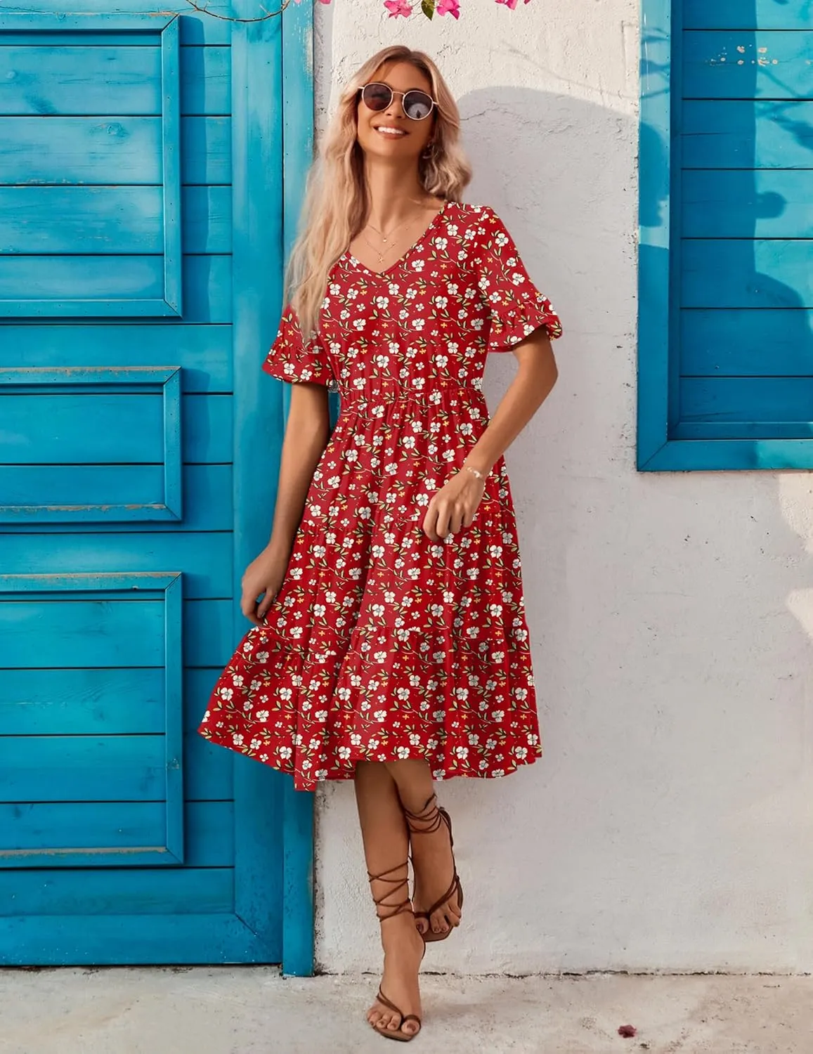 Zeagoo Women's Summer Dresses Midi Tiered Casual Dress Floral V Neck Ruffle Short Sleeve Flowy Beach Dress with Pockets