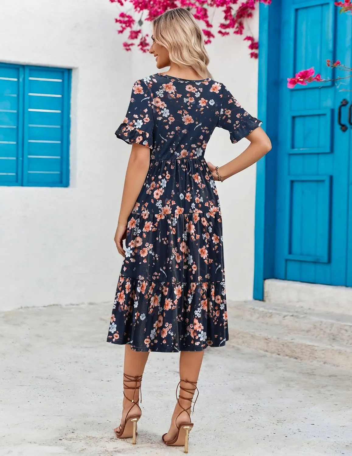 Zeagoo Women's Summer Dresses Midi Tiered Casual Dress Floral V Neck Ruffle Short Sleeve Flowy Beach Dress with Pockets