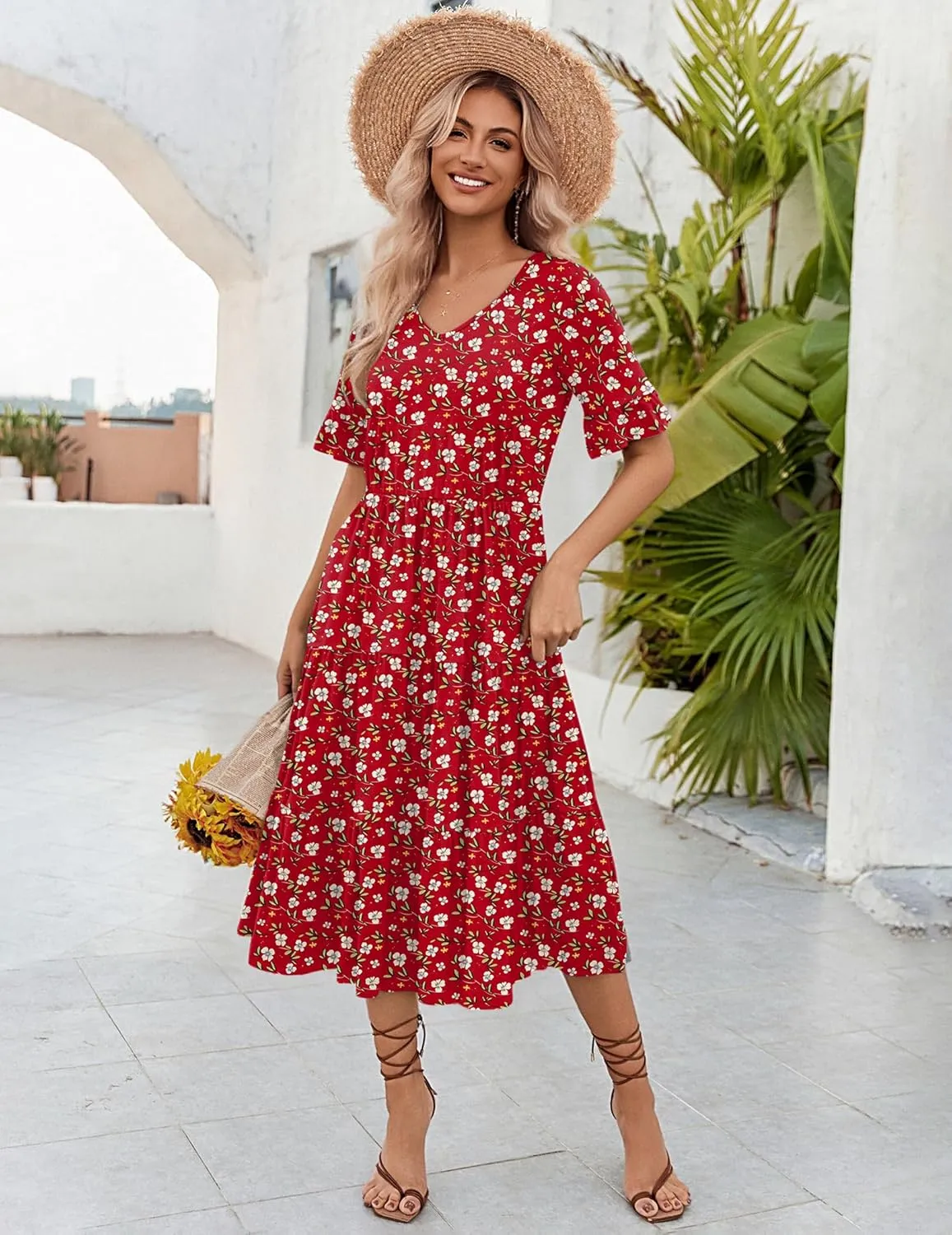 Zeagoo Women's Summer Dresses Midi Tiered Casual Dress Floral V Neck Ruffle Short Sleeve Flowy Beach Dress with Pockets