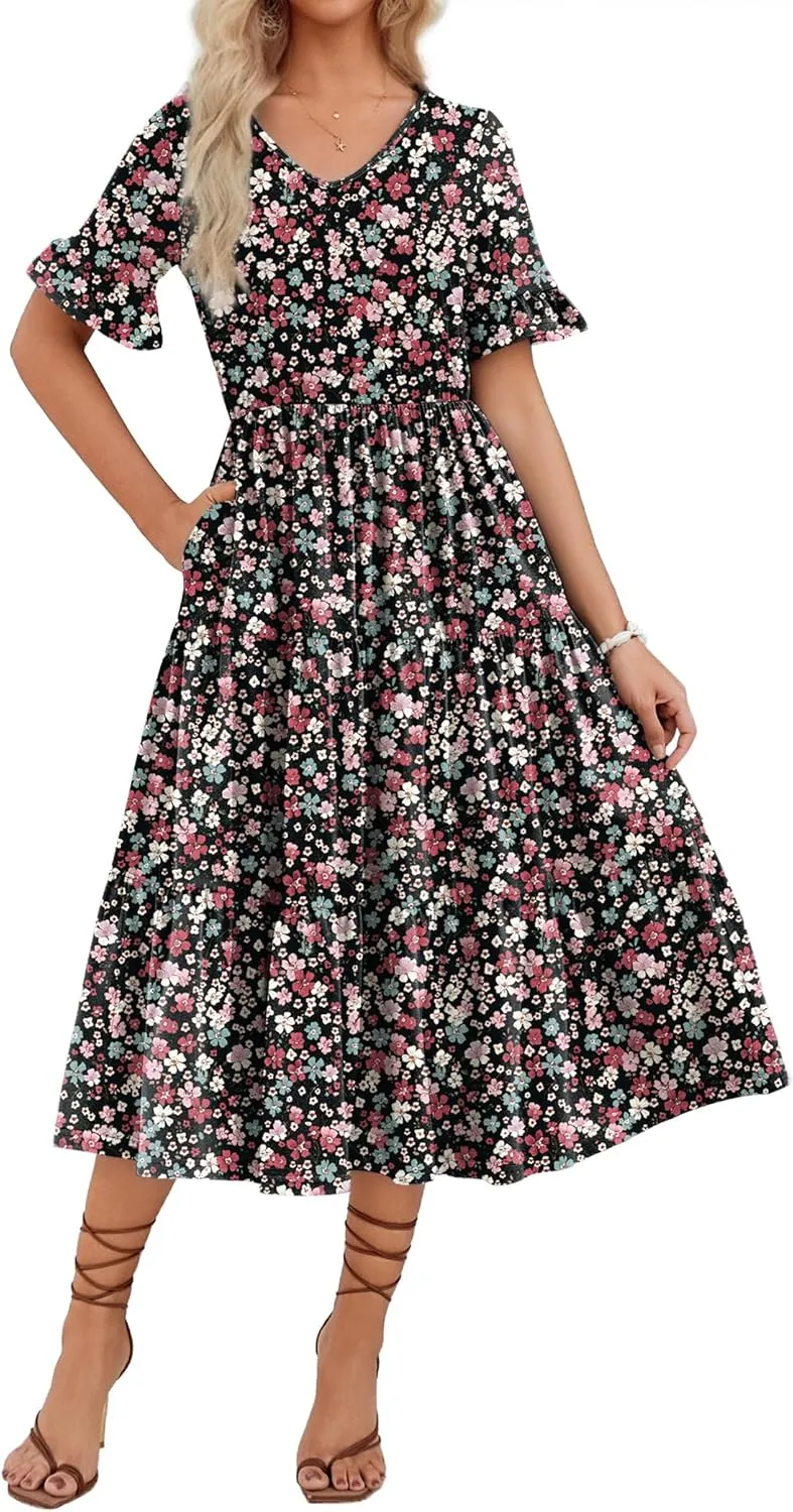 Zeagoo Women's Summer Dresses Midi Tiered Casual Dress Floral V Neck Ruffle Short Sleeve Flowy Beach Dress with Pockets