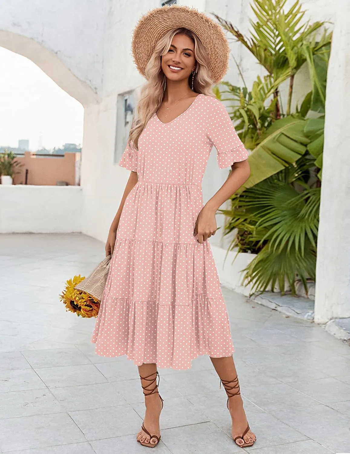 Zeagoo Women's Summer Dresses Midi Tiered Casual Dress Floral V Neck Ruffle Short Sleeve Flowy Beach Dress with Pockets