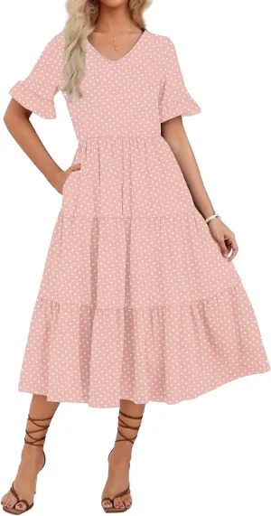 Zeagoo Women's Summer Dresses Midi Tiered Casual Dress Floral V Neck Ruffle Short Sleeve Flowy Beach Dress with Pockets