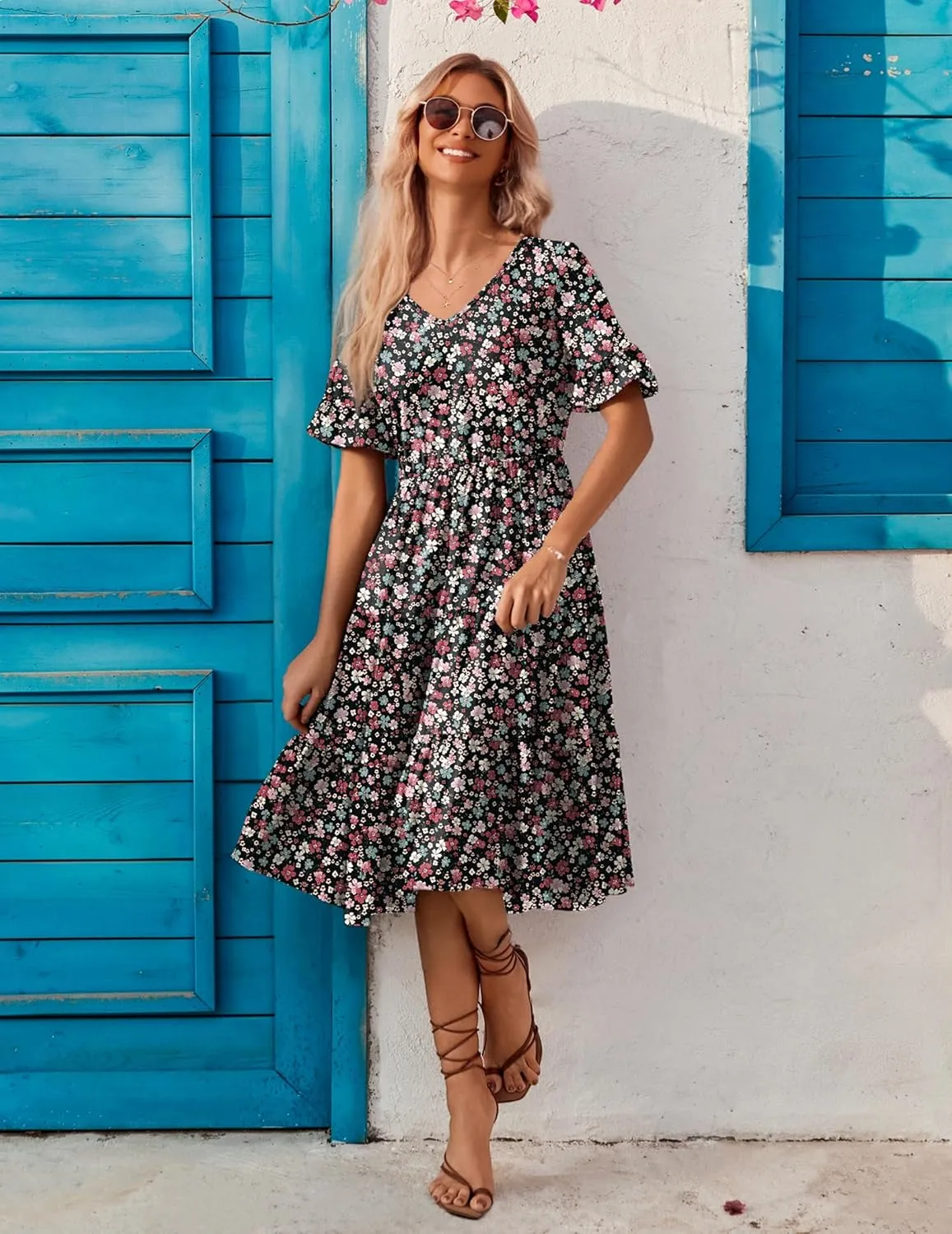 Zeagoo Women's Summer Dresses Midi Tiered Casual Dress Floral V Neck Ruffle Short Sleeve Flowy Beach Dress with Pockets