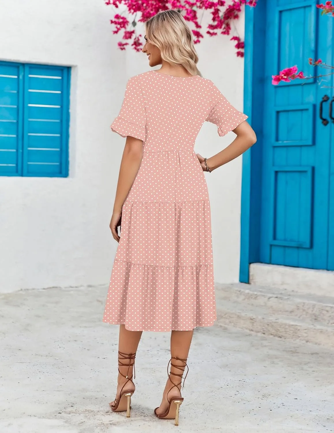 Zeagoo Women's Summer Dresses Midi Tiered Casual Dress Floral V Neck Ruffle Short Sleeve Flowy Beach Dress with Pockets