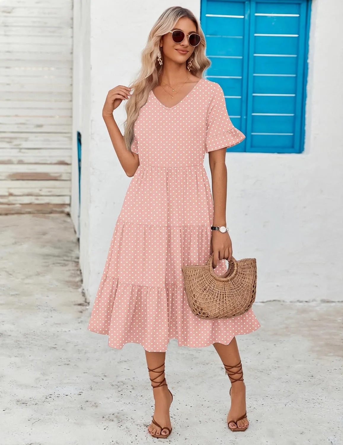 Zeagoo Women's Summer Dresses Midi Tiered Casual Dress Floral V Neck Ruffle Short Sleeve Flowy Beach Dress with Pockets