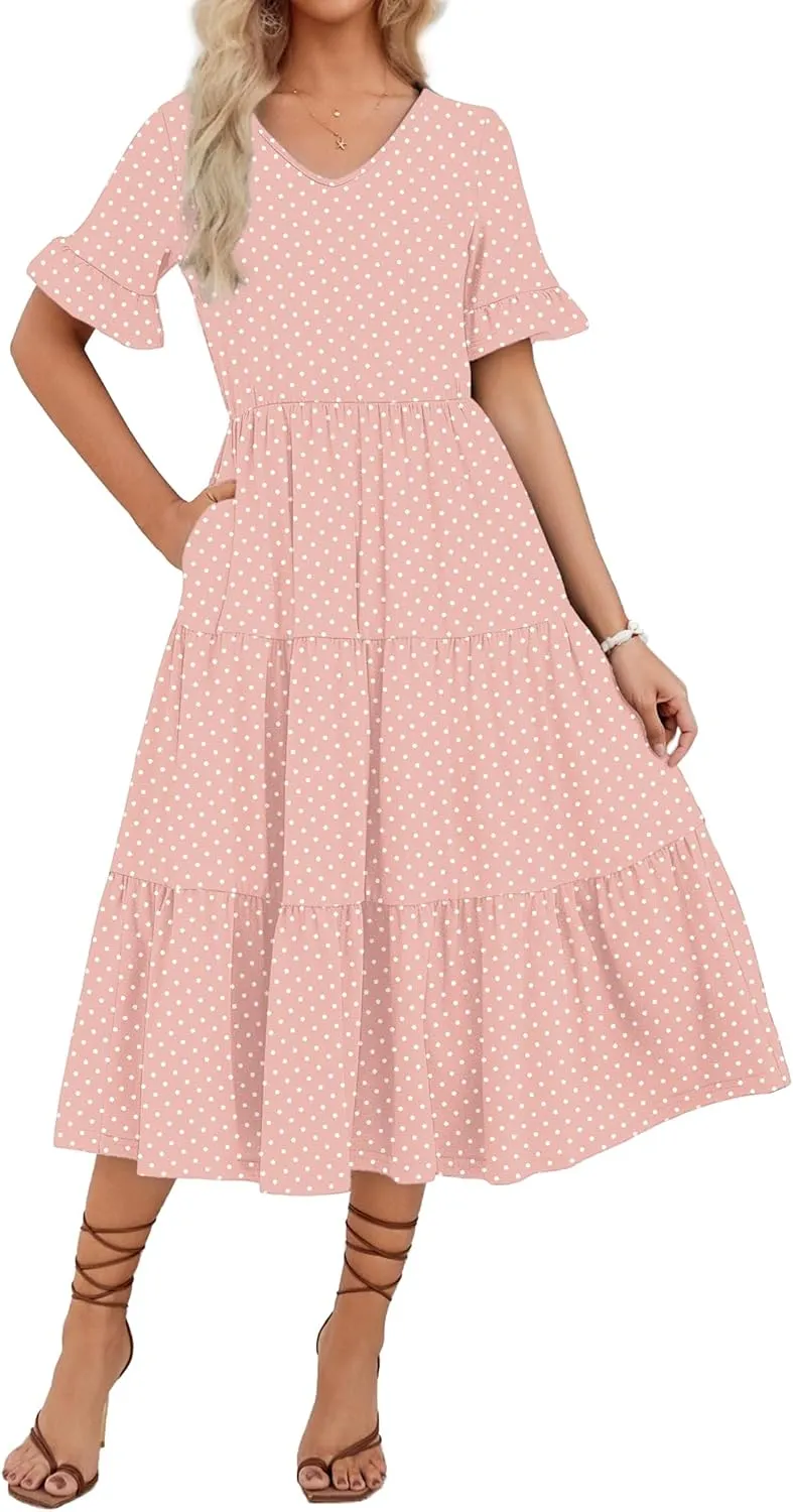 Zeagoo Women's Summer Dresses Midi Tiered Casual Dress Floral V Neck Ruffle Short Sleeve Flowy Beach Dress with Pockets