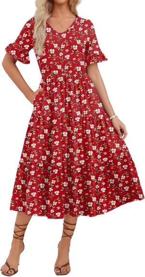Zeagoo Women's Summer Dresses Midi Tiered Casual Dress Floral V Neck Ruffle Short Sleeve Flowy Beach Dress with Pockets