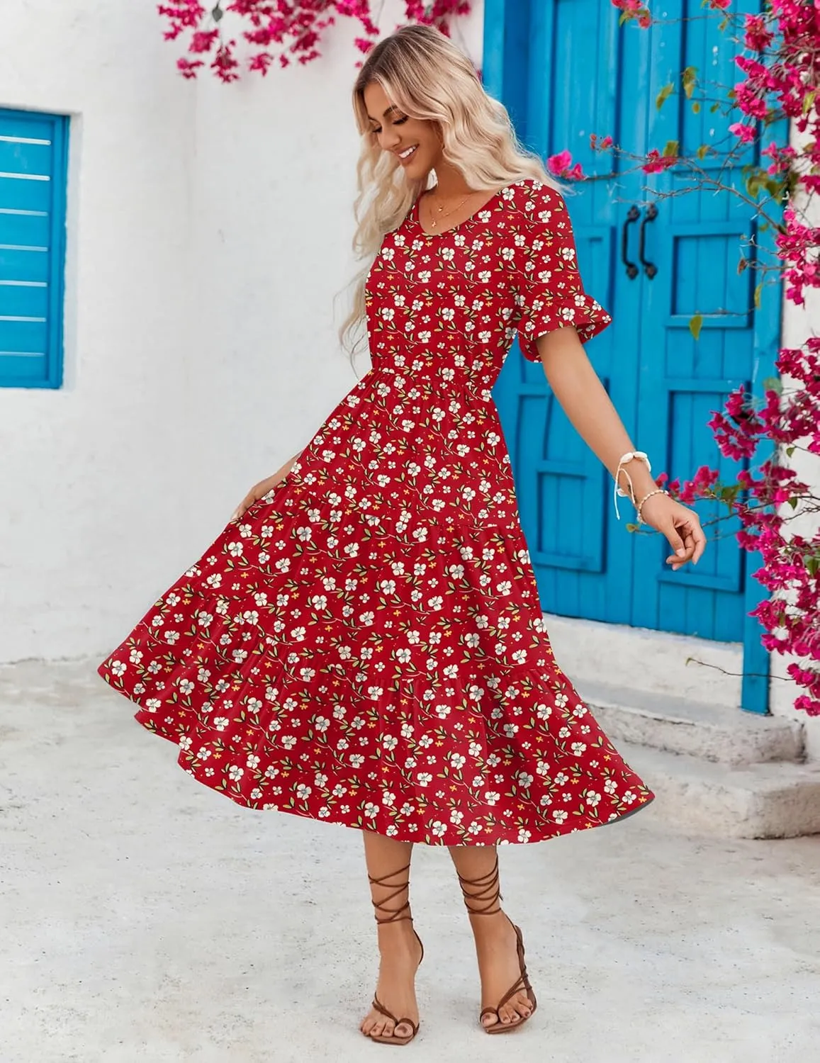 Zeagoo Women's Summer Dresses Midi Tiered Casual Dress Floral V Neck Ruffle Short Sleeve Flowy Beach Dress with Pockets