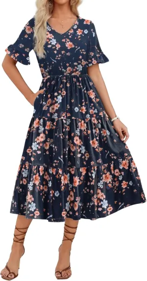 Zeagoo Women's Summer Dresses Midi Tiered Casual Dress Floral V Neck Ruffle Short Sleeve Flowy Beach Dress with Pockets