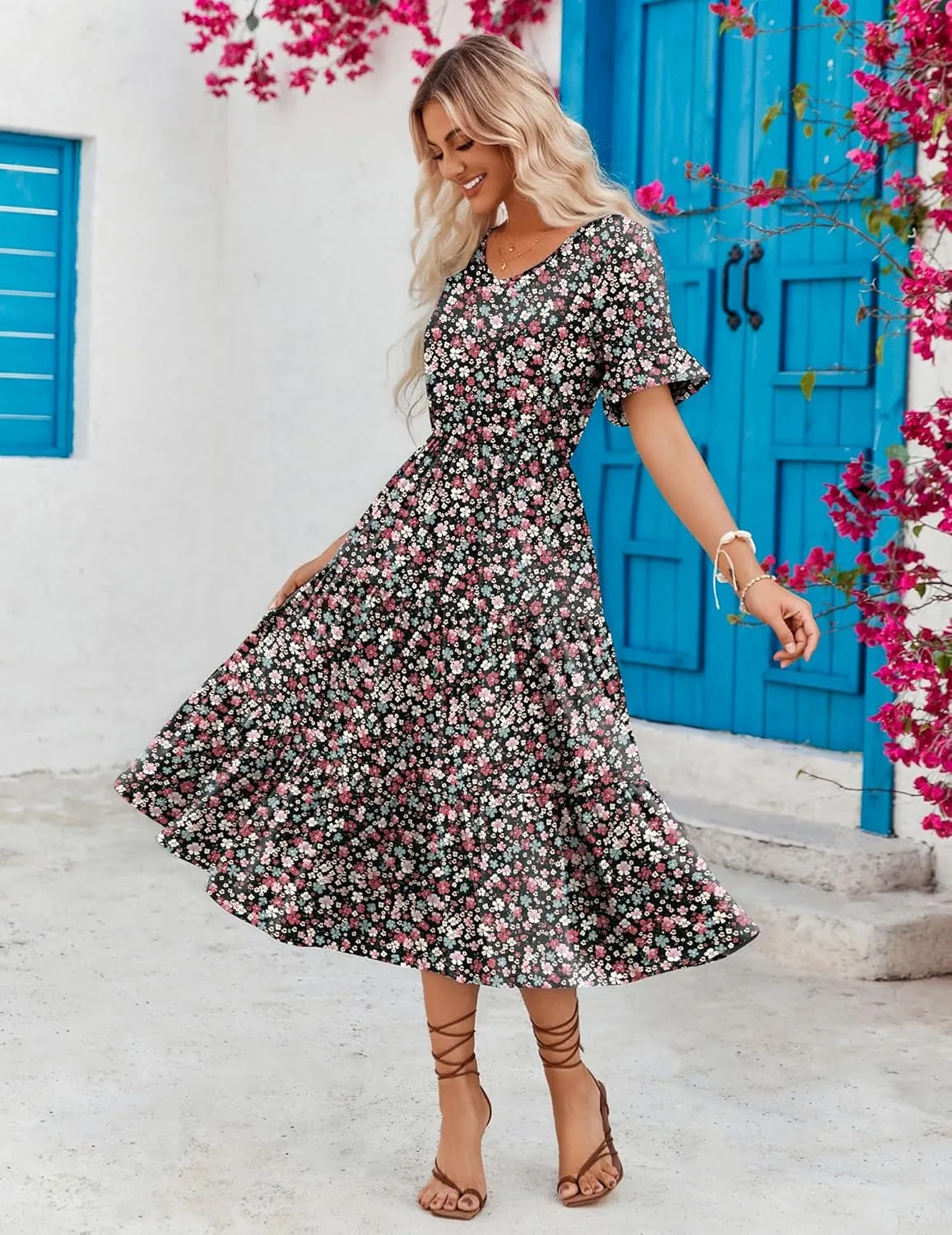 Zeagoo Women's Summer Dresses Midi Tiered Casual Dress Floral V Neck Ruffle Short Sleeve Flowy Beach Dress with Pockets