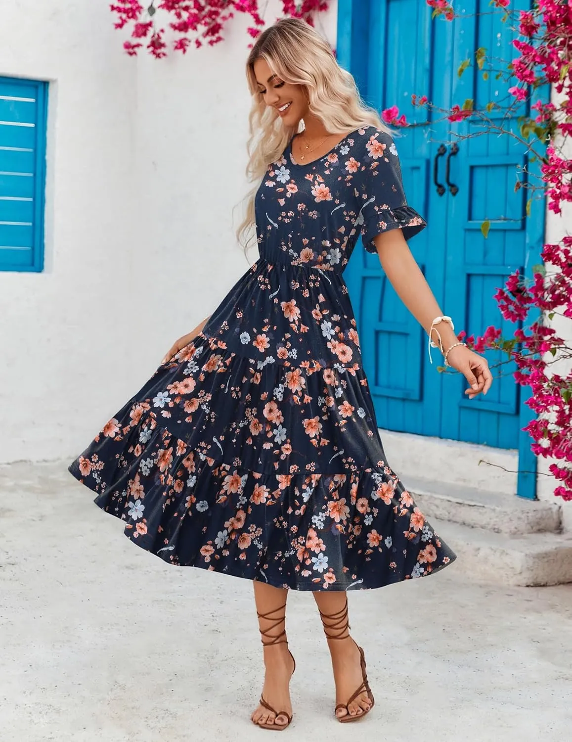 Zeagoo Women's Summer Dresses Midi Tiered Casual Dress Floral V Neck Ruffle Short Sleeve Flowy Beach Dress with Pockets