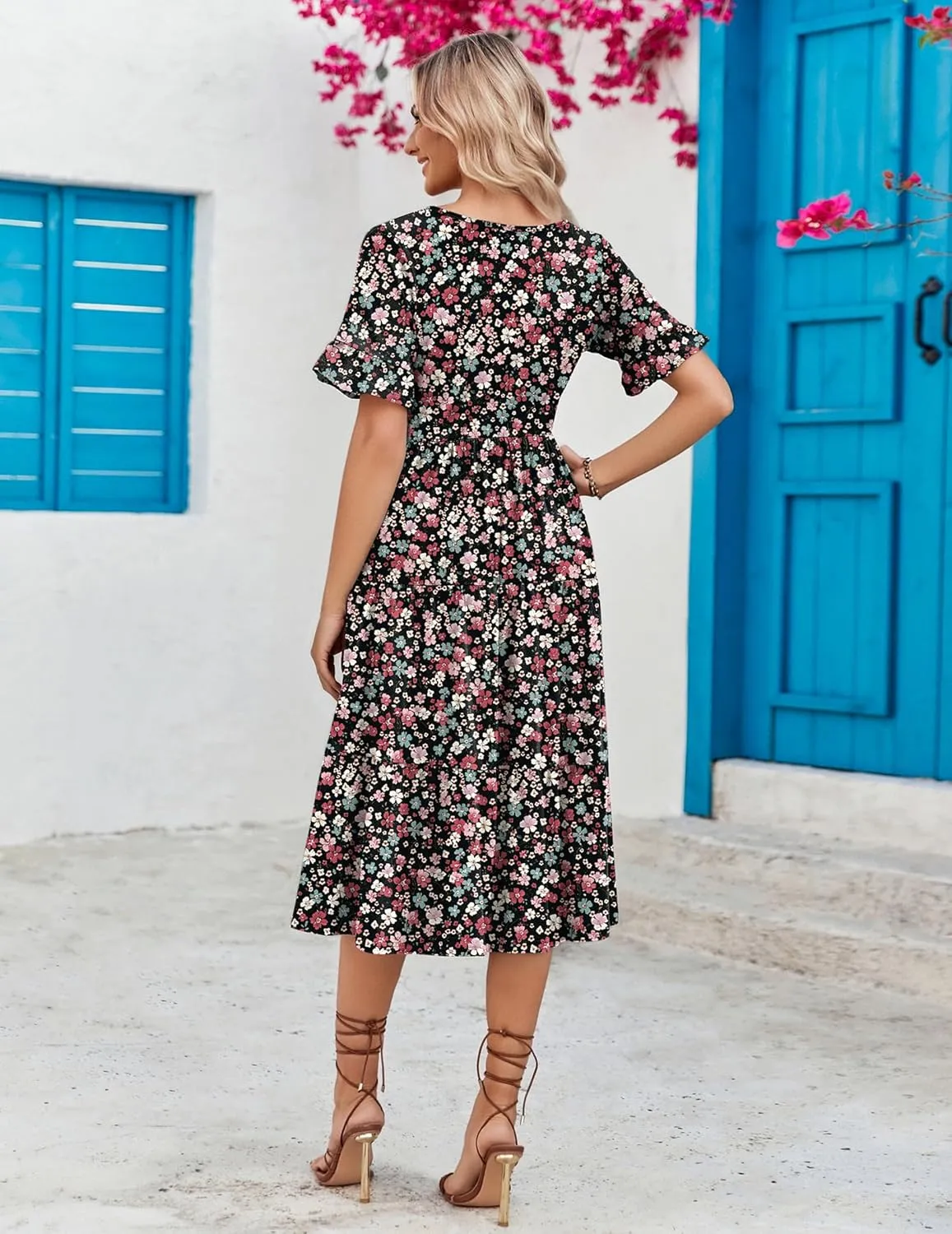 Zeagoo Women's Summer Dresses Midi Tiered Casual Dress Floral V Neck Ruffle Short Sleeve Flowy Beach Dress with Pockets