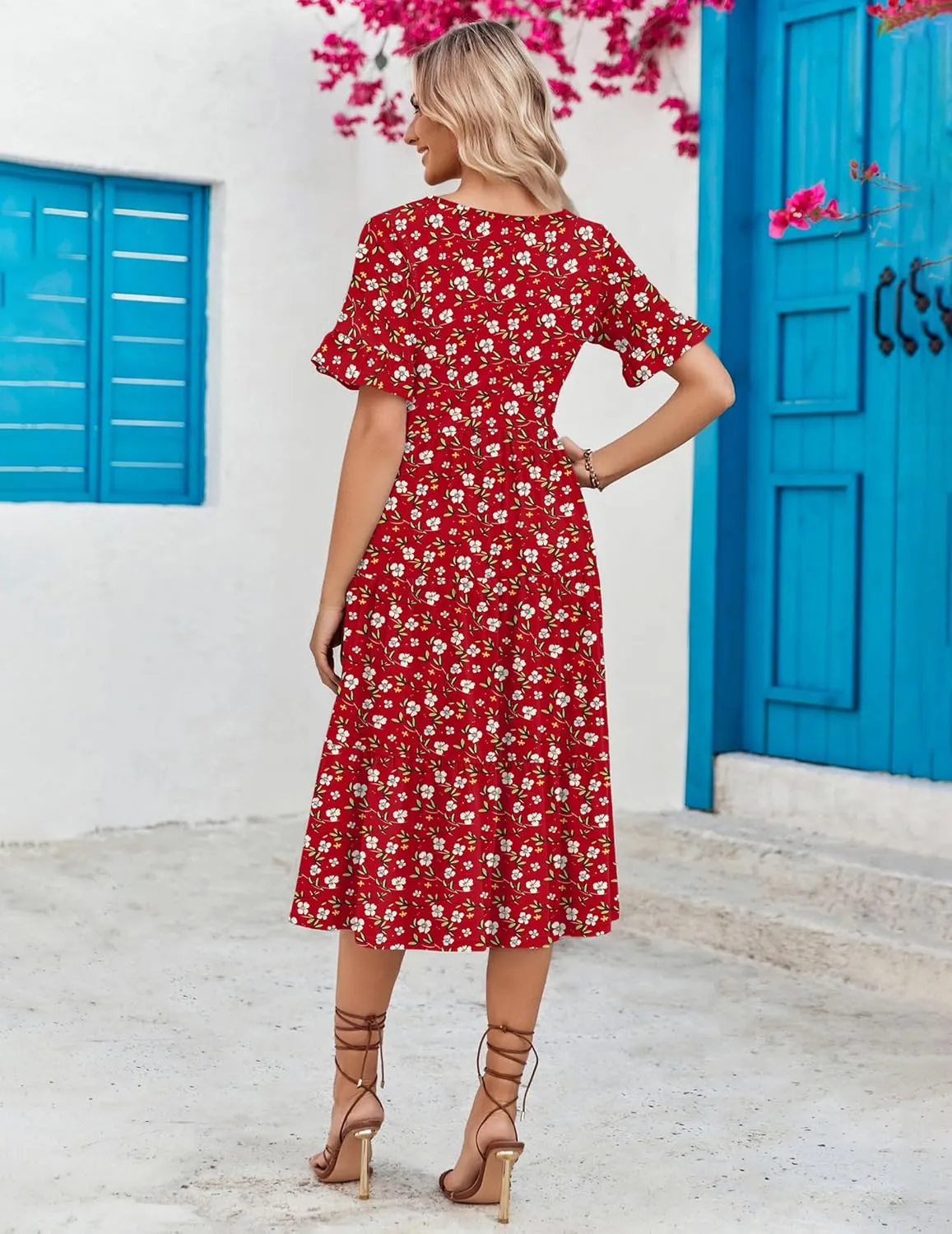 Zeagoo Women's Summer Dresses Midi Tiered Casual Dress Floral V Neck Ruffle Short Sleeve Flowy Beach Dress with Pockets