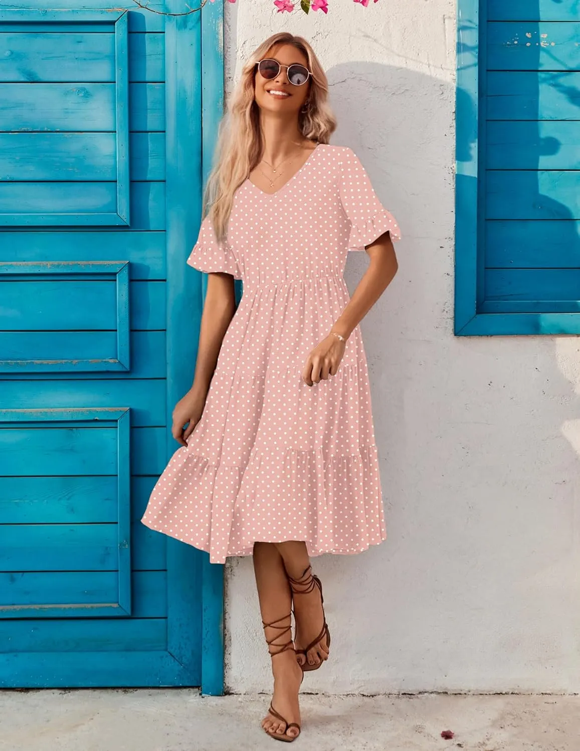 Zeagoo Women's Summer Dresses Midi Tiered Casual Dress Floral V Neck Ruffle Short Sleeve Flowy Beach Dress with Pockets