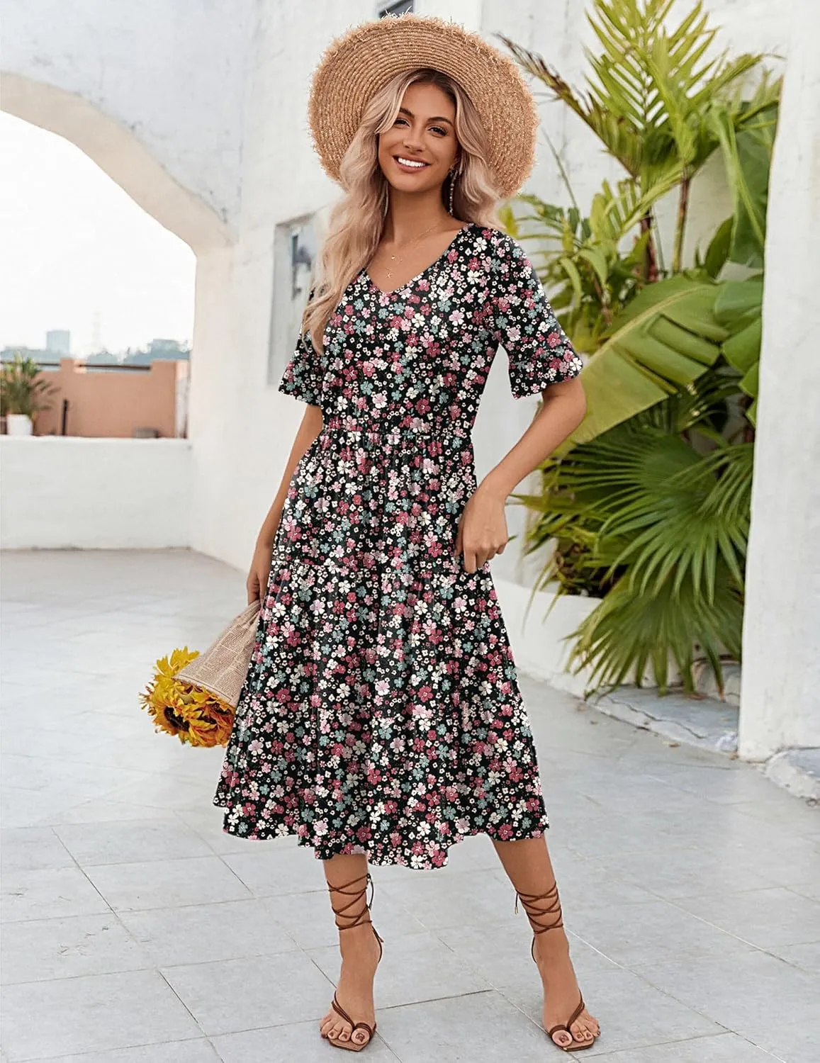 Zeagoo Women's Summer Dresses Midi Tiered Casual Dress Floral V Neck Ruffle Short Sleeve Flowy Beach Dress with Pockets