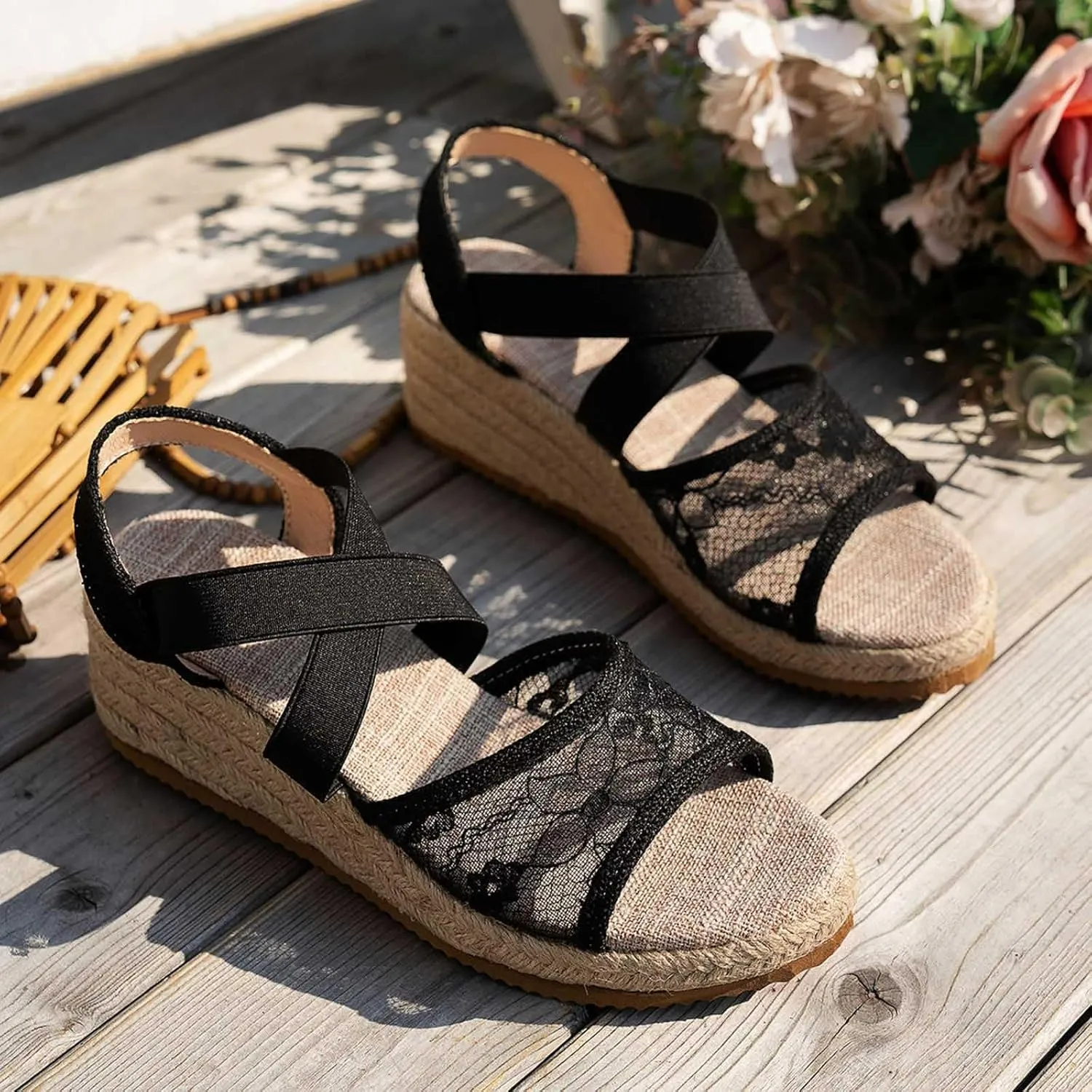 ZSpzx Espadrille Wedge Sandals for Women 2025 Comfortable Dressy Summer Women's Platform Ankle Crosscriss Strap Open Toe Lace Wedges Heels Walking Beach Casual Sandal Dress Shoes for Daily Wear