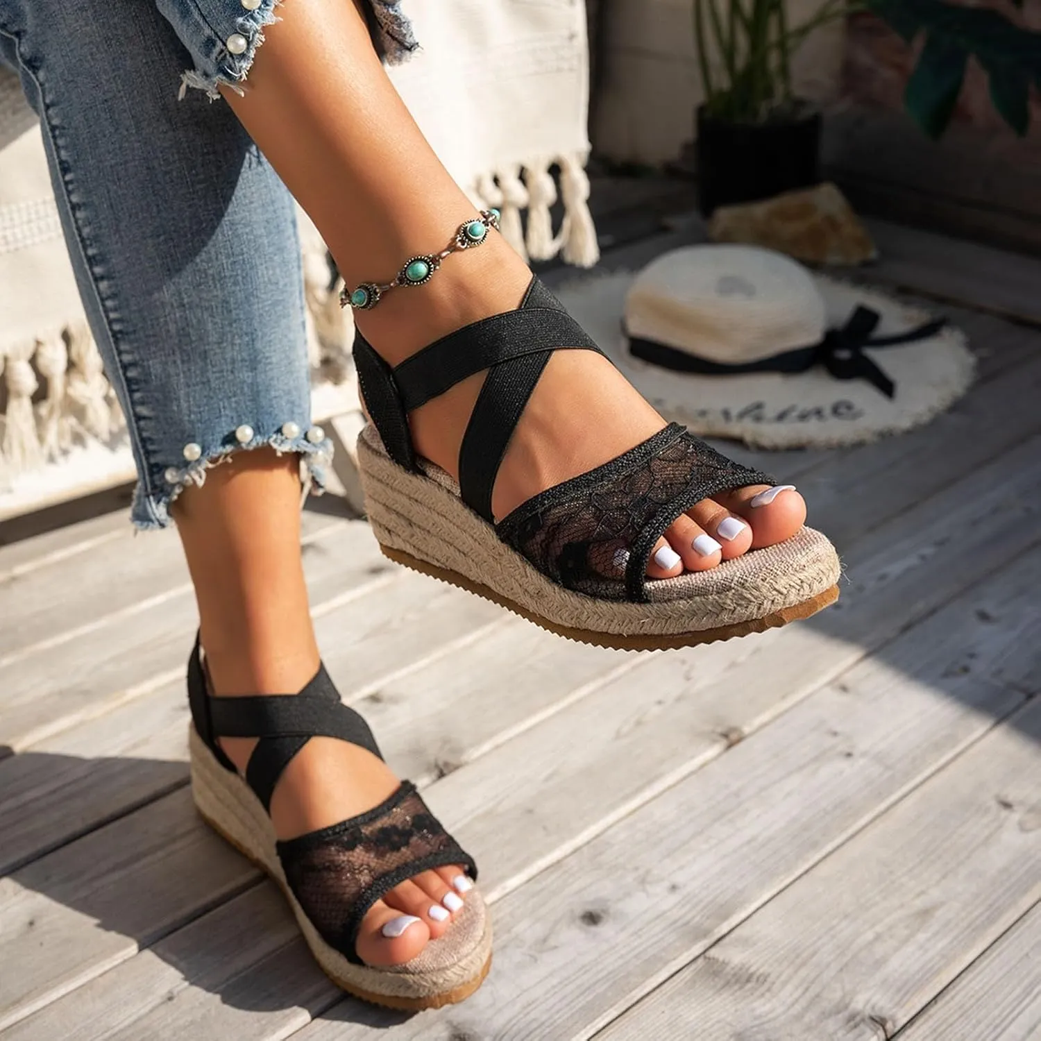 ZSpzx Espadrille Wedge Sandals for Women 2025 Comfortable Dressy Summer Women's Platform Ankle Crosscriss Strap Open Toe Lace Wedges Heels Walking Beach Casual Sandal Dress Shoes for Daily Wear