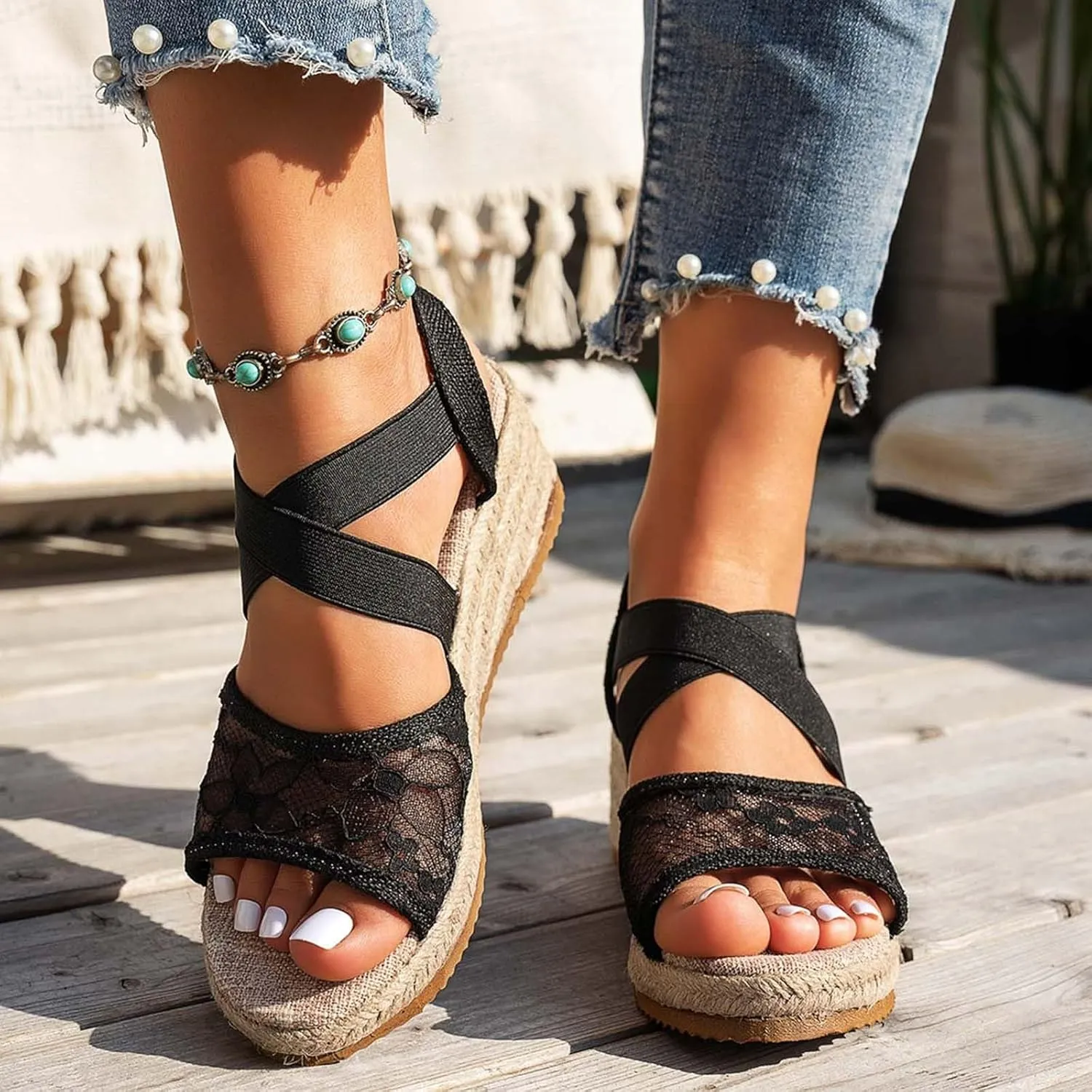 ZSpzx Espadrille Wedge Sandals for Women 2025 Comfortable Dressy Summer Women's Platform Ankle Crosscriss Strap Open Toe Lace Wedges Heels Walking Beach Casual Sandal Dress Shoes for Daily Wear