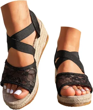 ZSpzx Espadrille Wedge Sandals for Women 2025 Comfortable Dressy Summer Women's Platform Ankle Crosscriss Strap Open Toe Lace Wedges Heels Walking Beach Casual Sandal Dress Shoes for Daily Wear